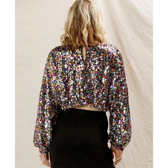 NWT En Creme Multi Color Rainbow Rubina Confetti Sequin Cropped Top - Picture 10 of 14